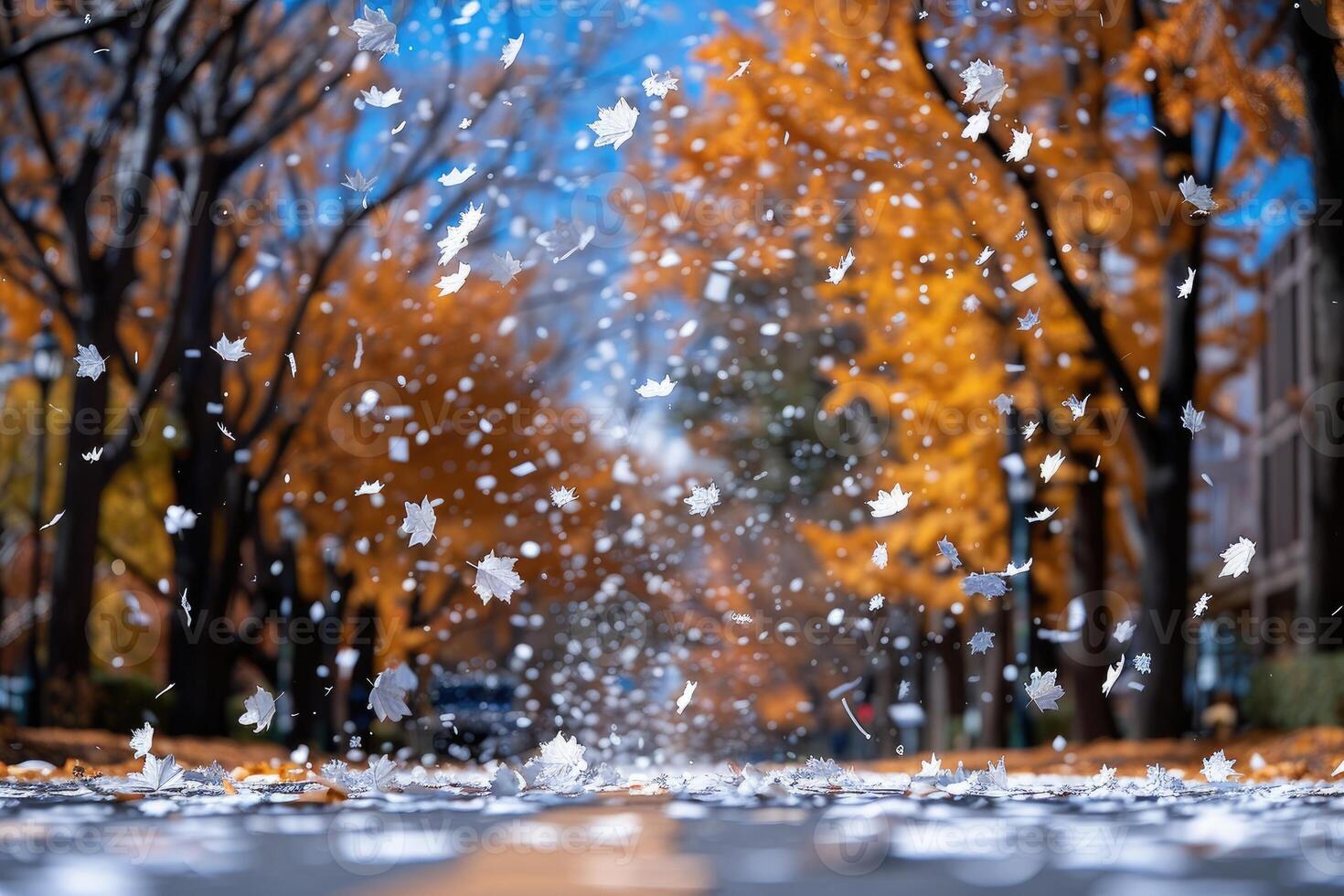 AI generated petal flowers confetti falling from a bright blue sky on an autumn or spring professional photography photo