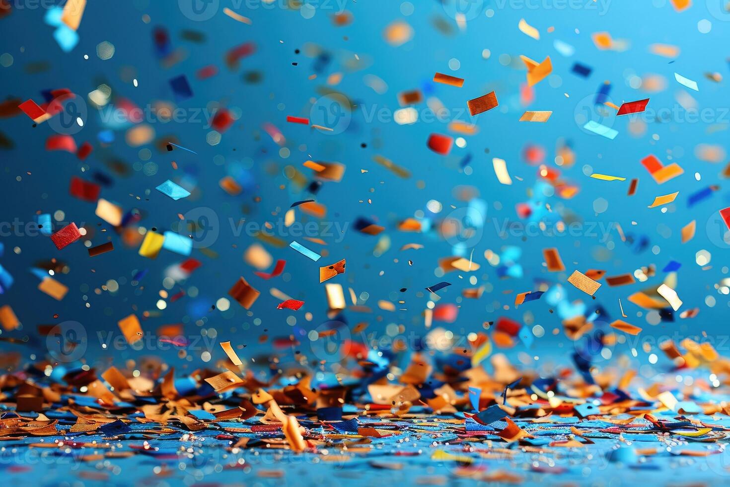 AI generated papers confetti falling in the bright blue sky professional photography background photo