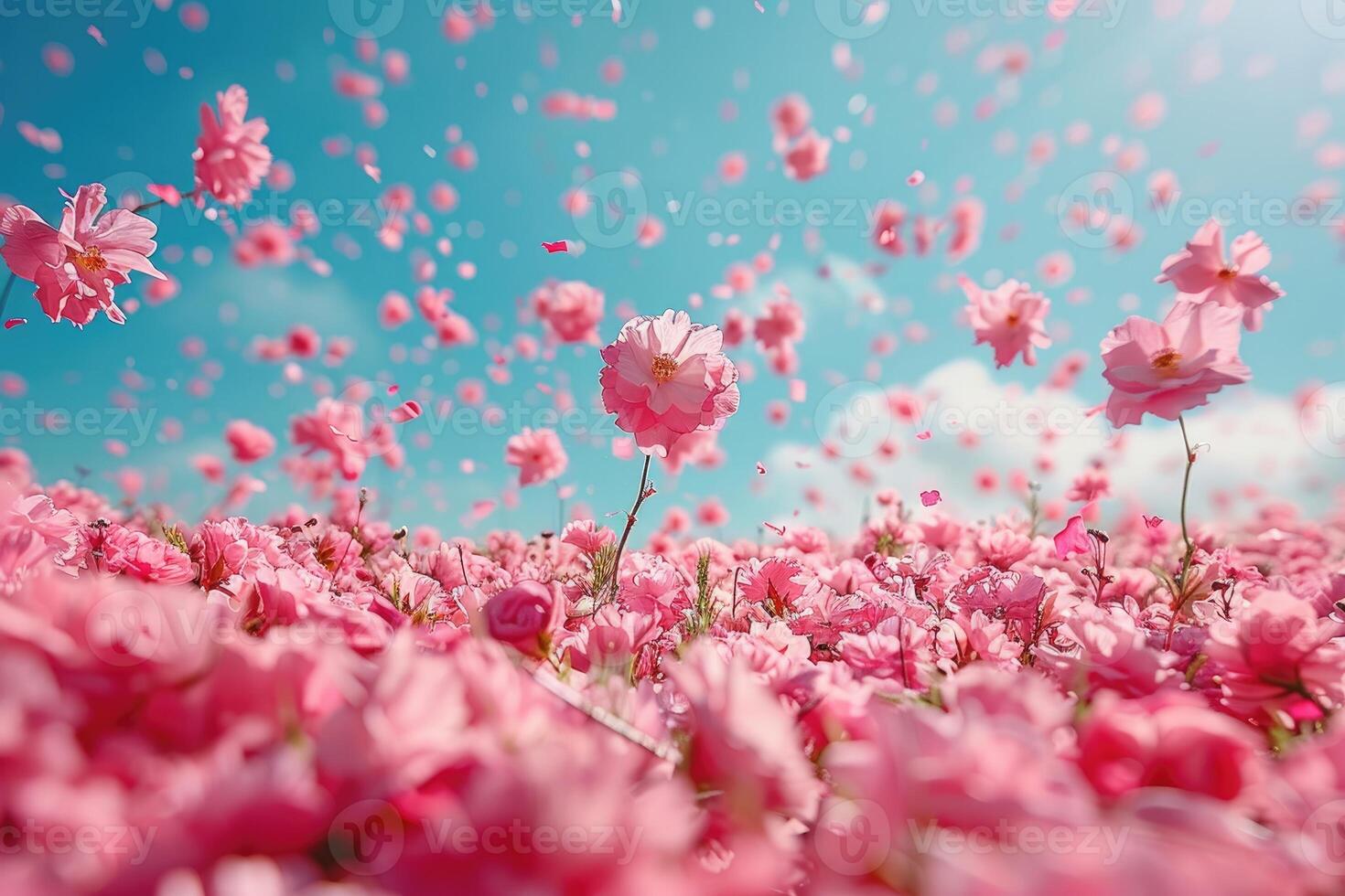 AI generated petal flowers confetti falling from a bright blue sky on an autumn or spring professional photography photo