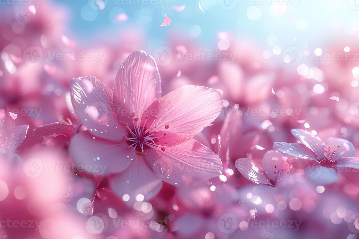 AI generated petal flowers confetti falling from a bright blue sky on an autumn or spring professional photography photo