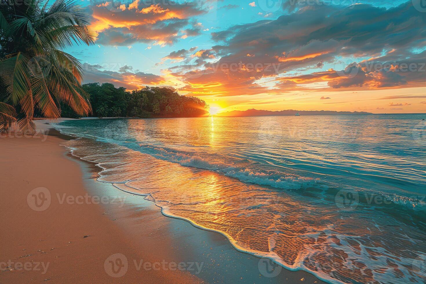 AI generated beautiful tropical sunset on ocean beach professional photography photo