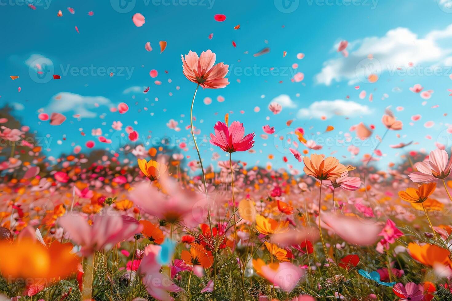 ai generado pétalo flores papel picado que cae desde un brillante azul cielo en un otoño o primavera profesional fotografía foto