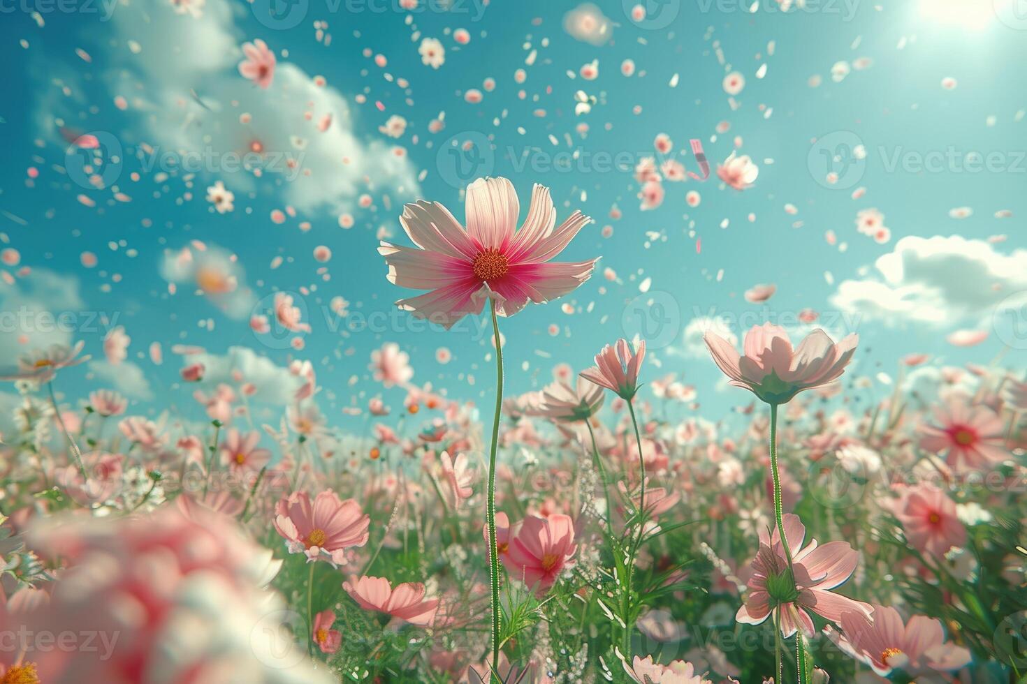 AI generated petal flowers confetti falling from a bright blue sky on an autumn or spring professional photography photo