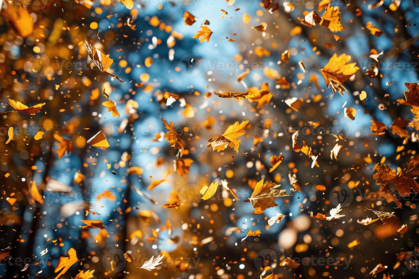 AI generated petal flowers confetti falling from a bright blue sky on an autumn or spring professional photography photo