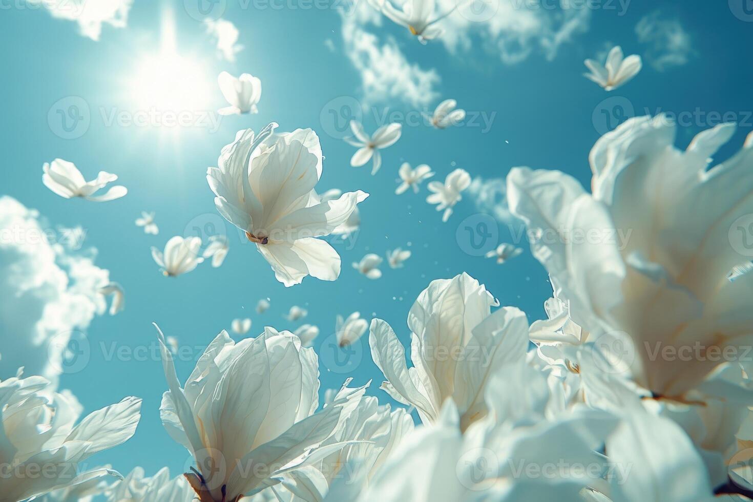 AI generated petal flowers confetti falling from a bright blue sky on an autumn or spring professional photography photo