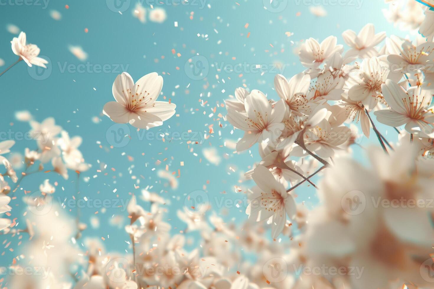 AI generated petal flowers confetti falling from a bright blue sky on an autumn or spring professional photography photo