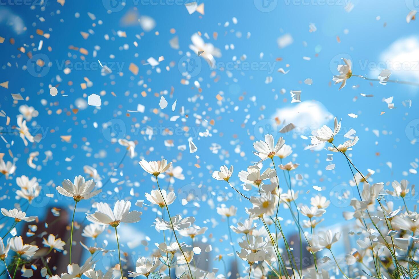 AI generated petal flowers confetti falling from a bright blue sky on an autumn or spring professional photography photo