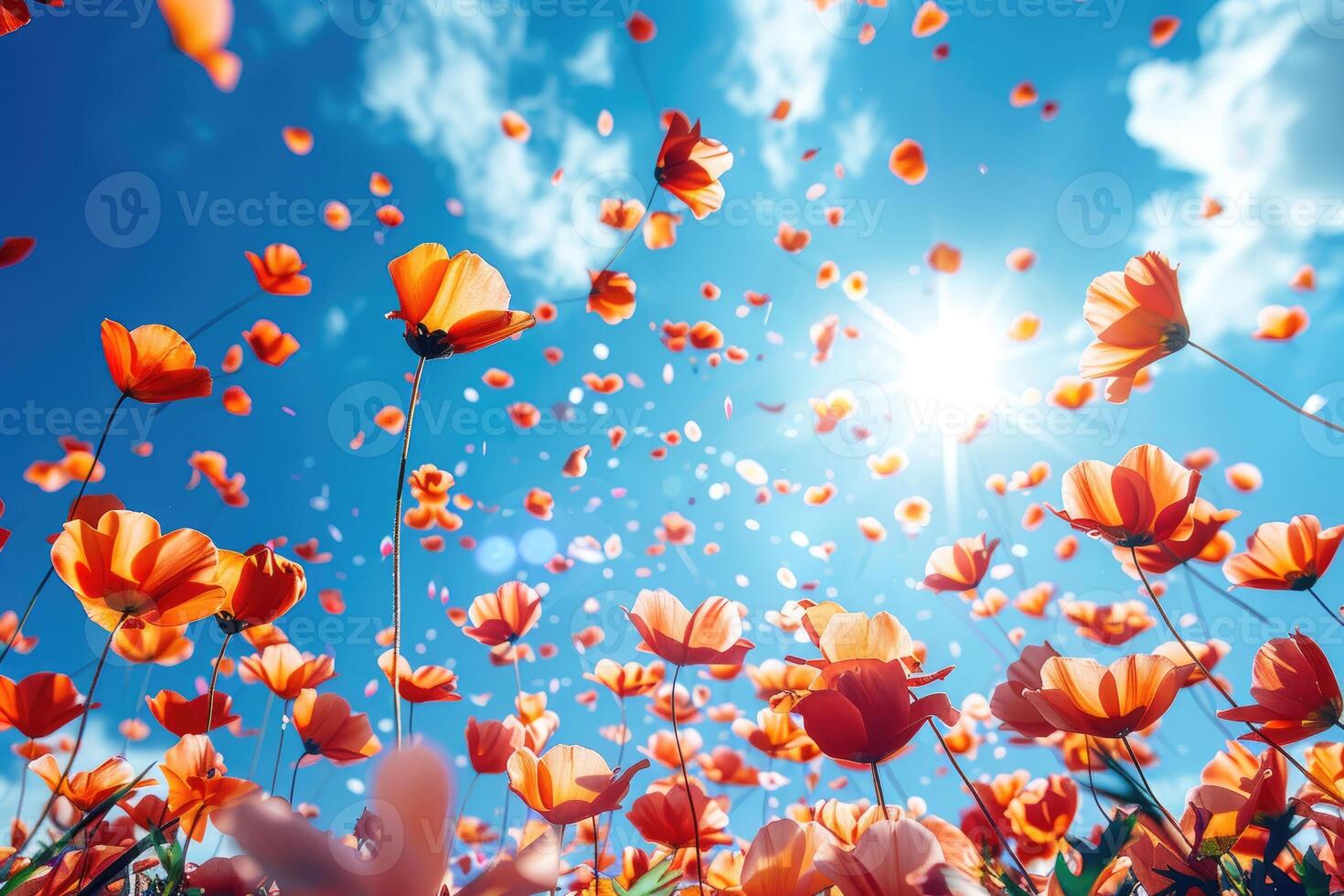 AI generated petal flowers confetti falling from a bright blue sky on an autumn or spring professional photography photo
