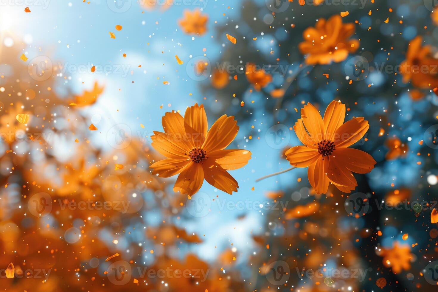 AI generated petal flowers confetti falling from a bright blue sky on an autumn or spring professional photography photo