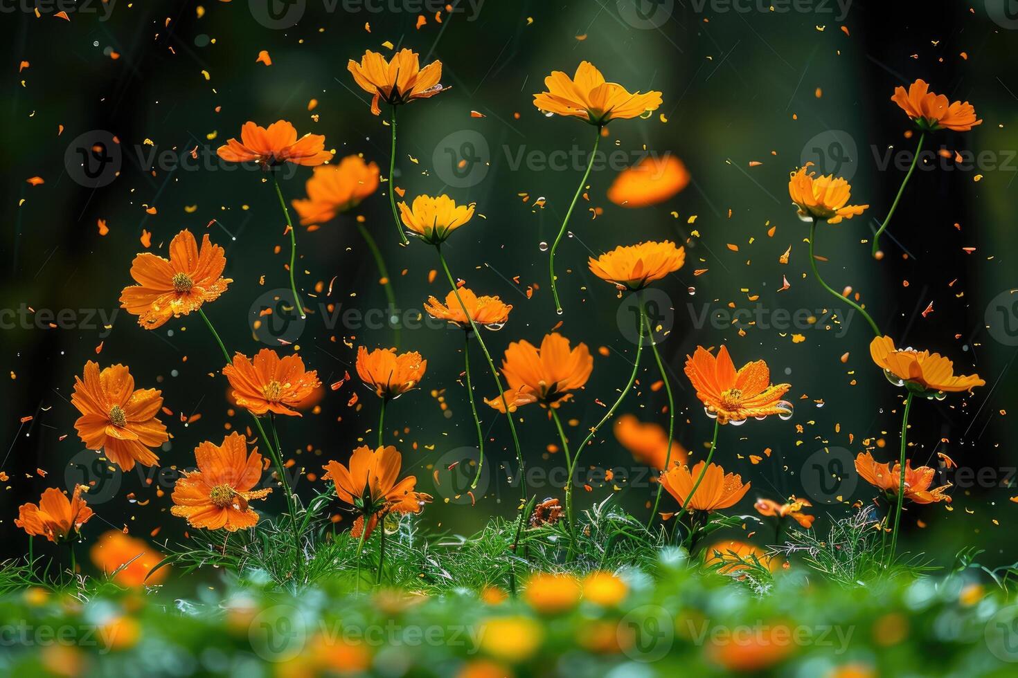 AI generated petal flowers confetti falling from a bright blue sky on an autumn or spring professional photography photo