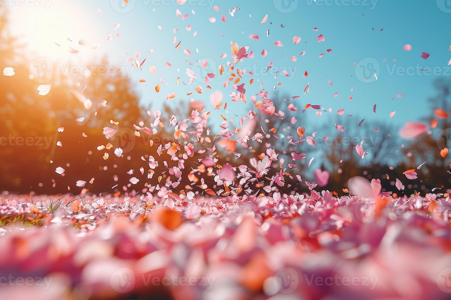 AI generated petal flowers confetti falling from a bright blue sky on an autumn or spring professional photography photo