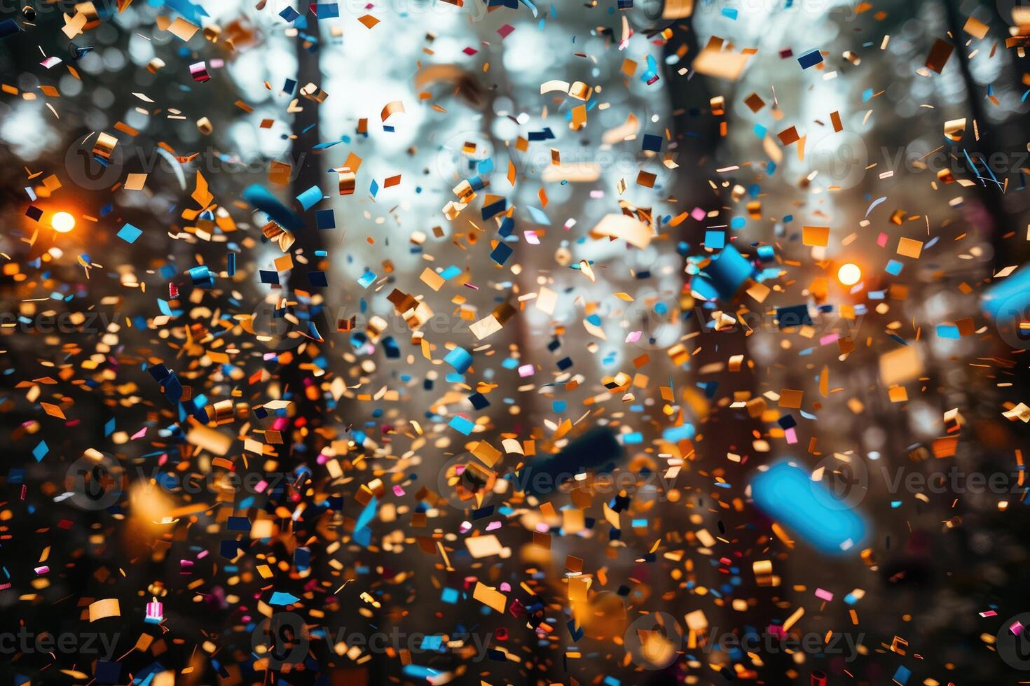 AI generated papers confetti falling in the bright blue sky professional photography background photo