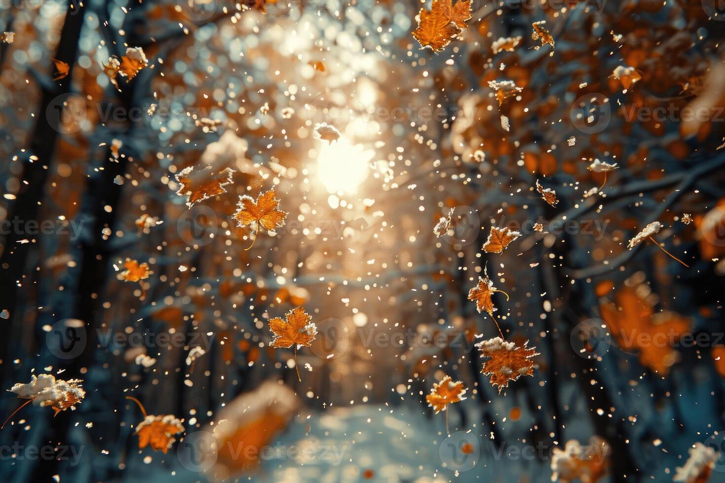 AI generated petal flowers confetti falling from a bright blue sky on an autumn or spring professional photography photo