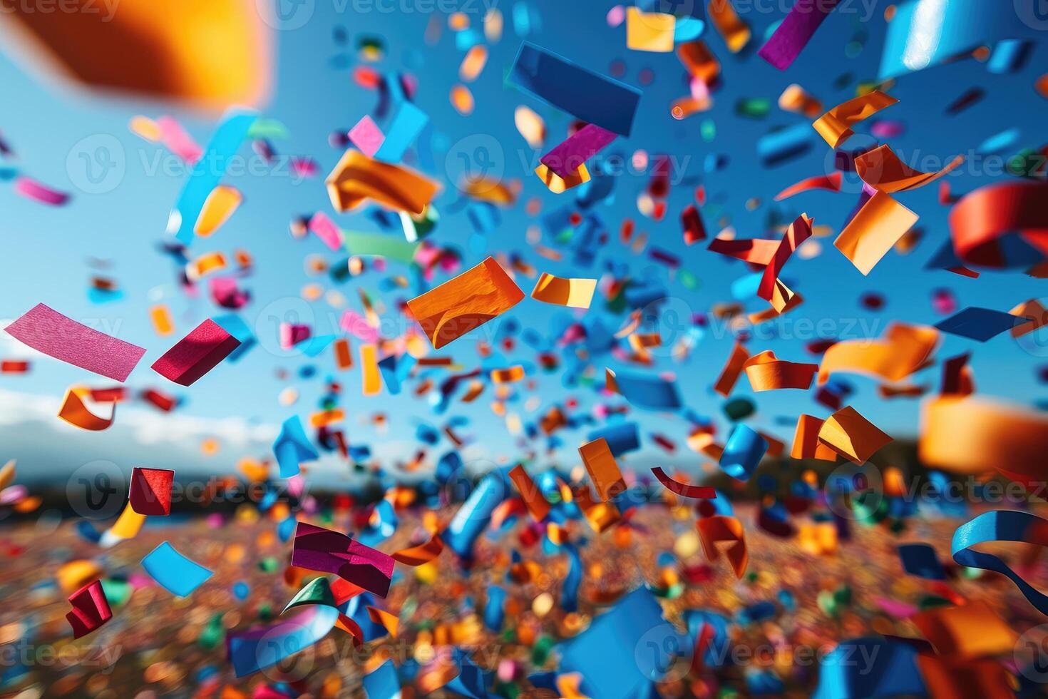 AI generated papers confetti falling in the bright blue sky professional photography background photo