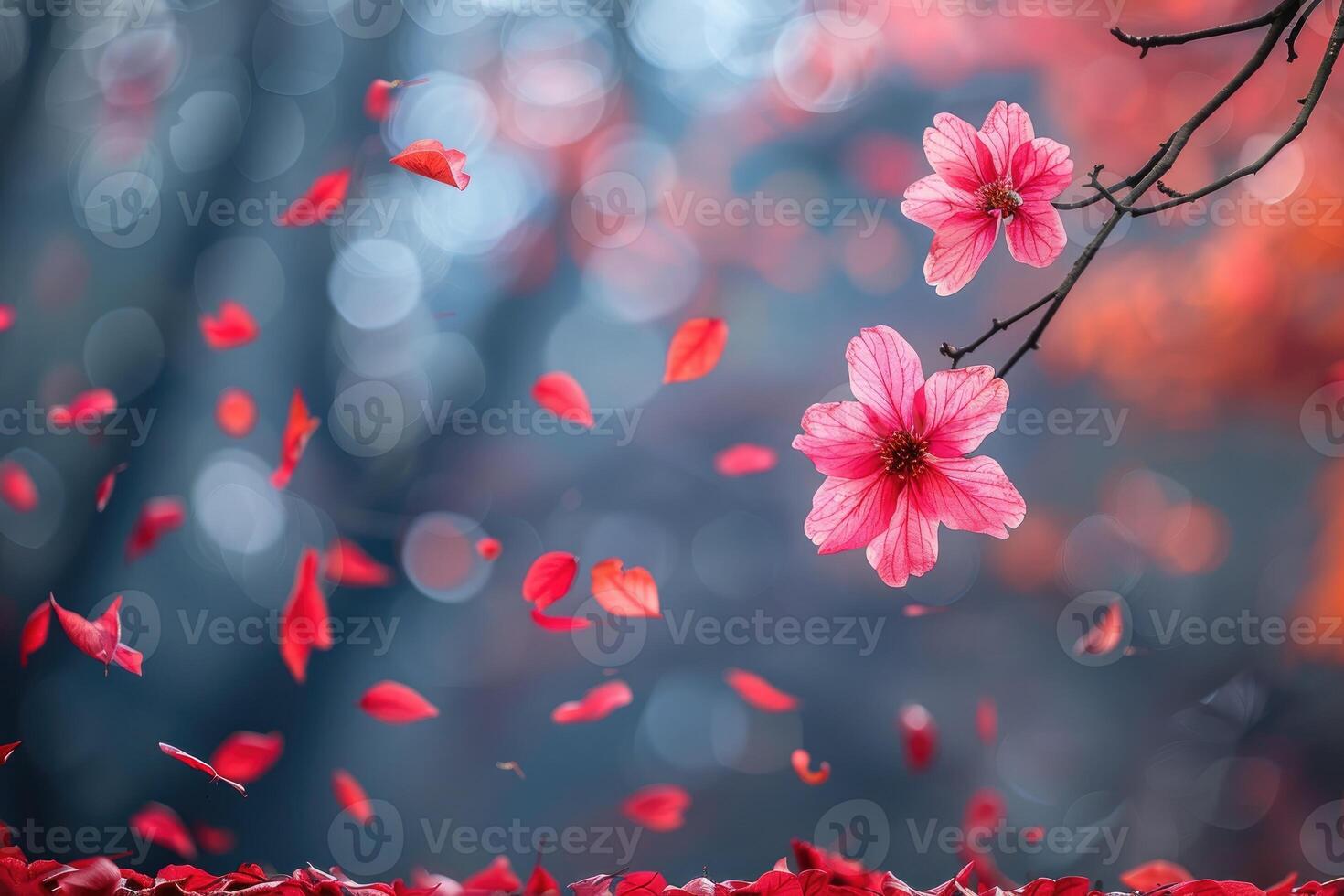 AI generated petal flowers confetti falling from a bright blue sky on an autumn or spring professional photography photo