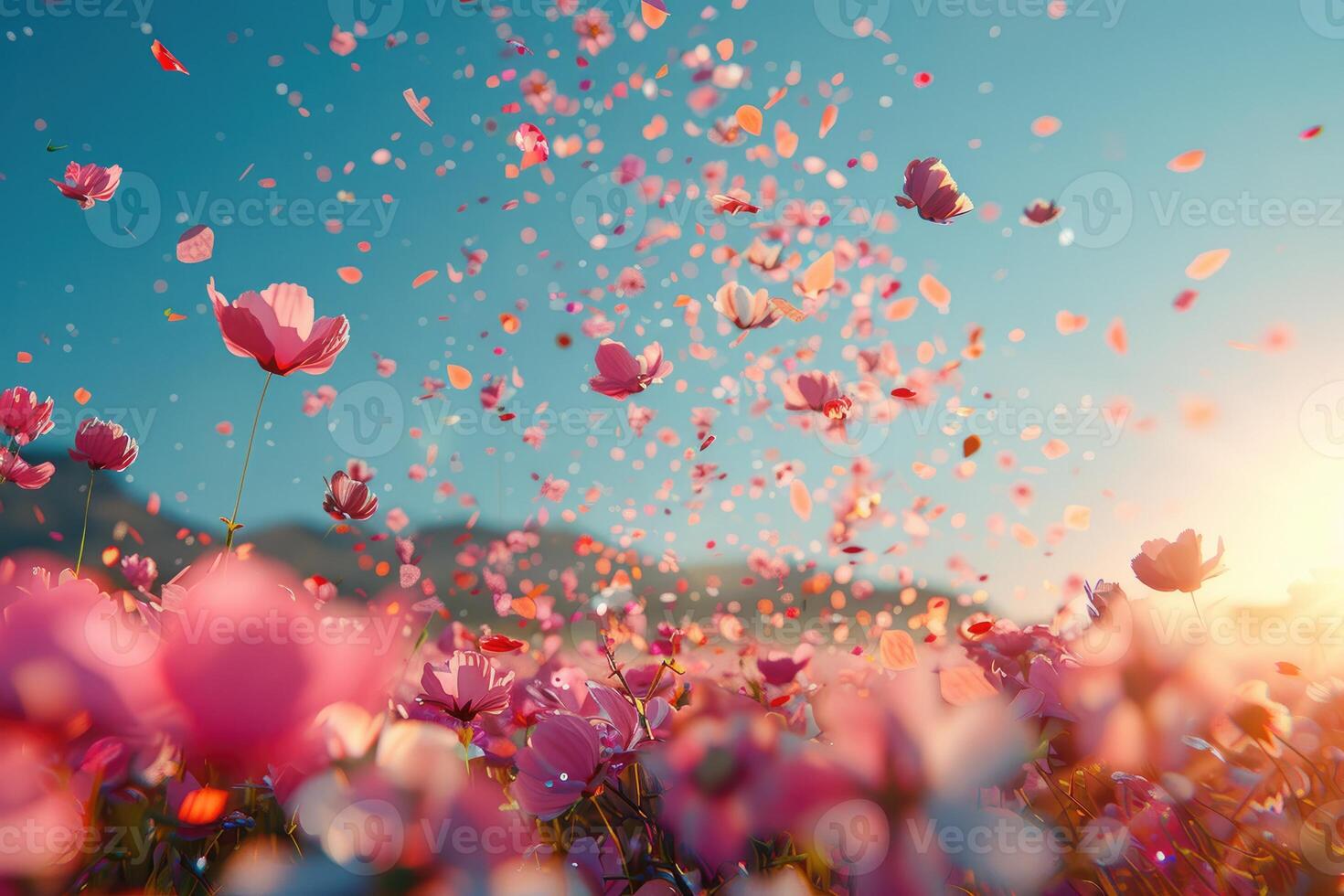 AI generated petal flowers confetti falling from a bright blue sky on an autumn or spring professional photography photo