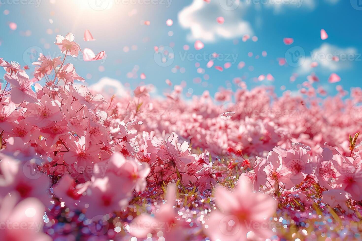 AI generated petal flowers confetti falling from a bright blue sky on an autumn or spring professional photography photo