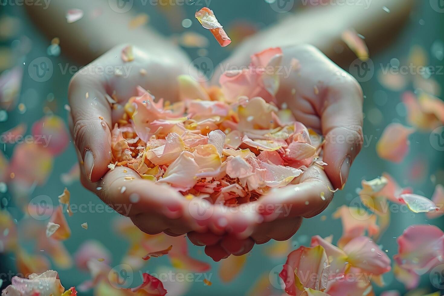 AI generated petal flowers confetti falling from a bright blue sky on an autumn or spring professional photography photo