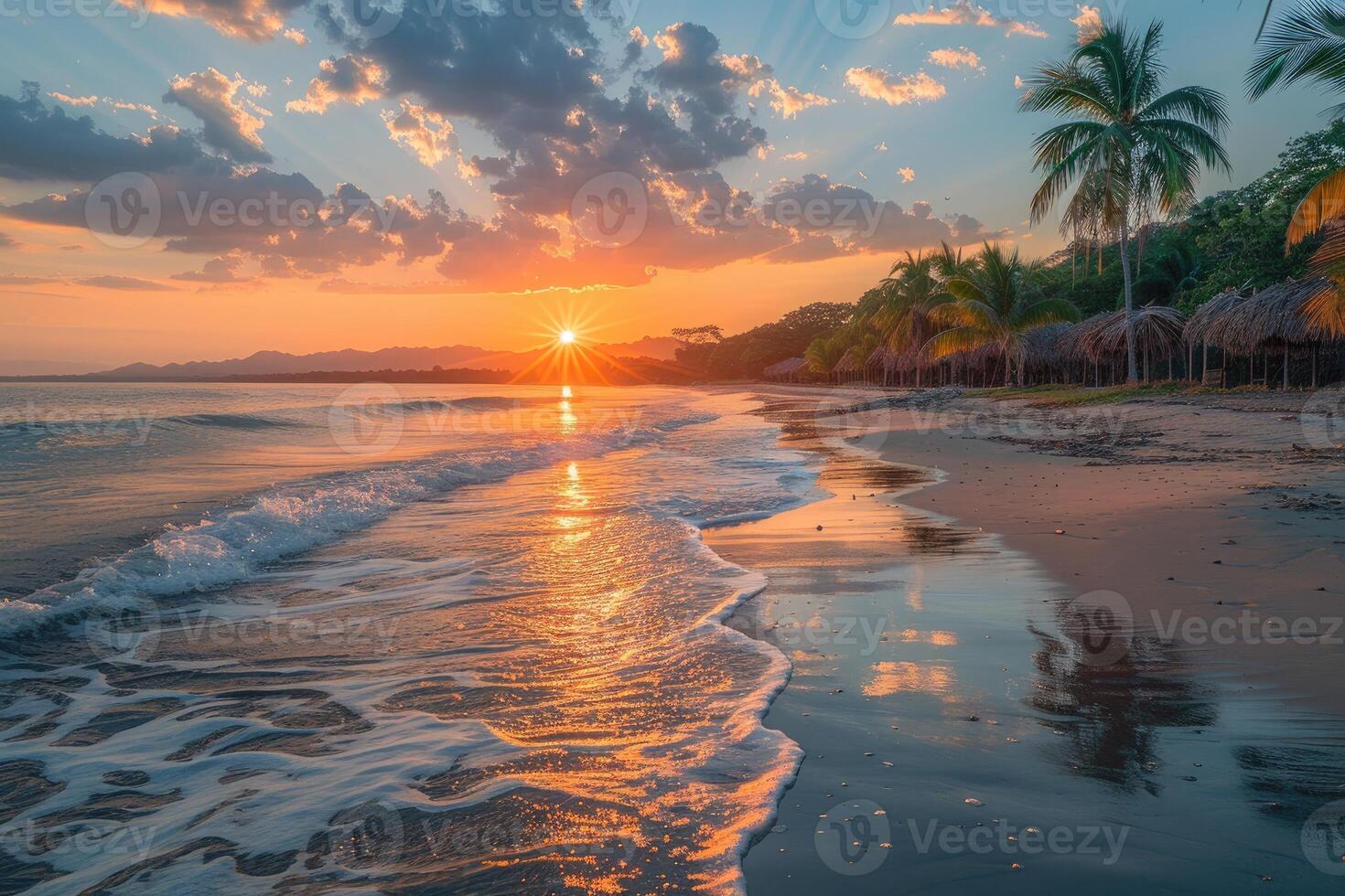 ai generado hermosa tropical puesta de sol en Oceano playa profesional fotografía foto