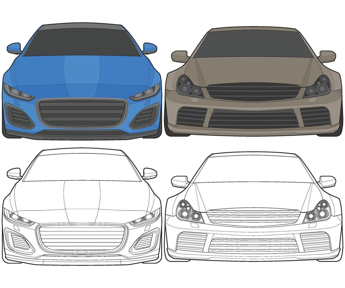 Set of front view Vector Illustration of Isolated highlight  color car on white background, Vehicle in a Flat Cartoon Style.