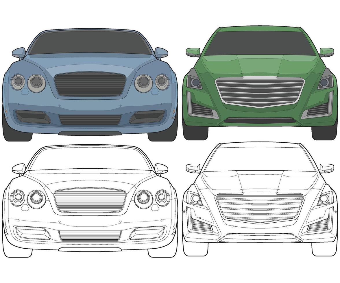 Set of front view Vector Illustration of Isolated highlight  color car on white background, Vehicle in a Flat Cartoon Style.