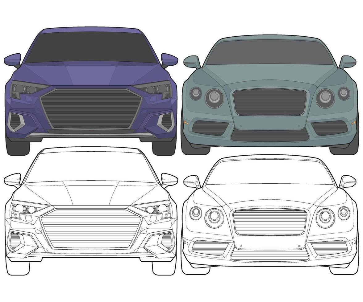 Set of front view Vector Illustration of Isolated highlight  color car on white background, Vehicle in a Flat Cartoon Style.