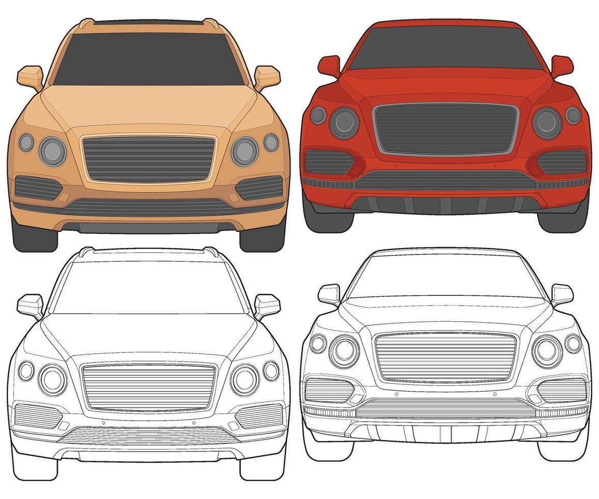 Set of front view Vector Illustration of Isolated highlight  color car on white background, Vehicle in a Flat Cartoon Style.