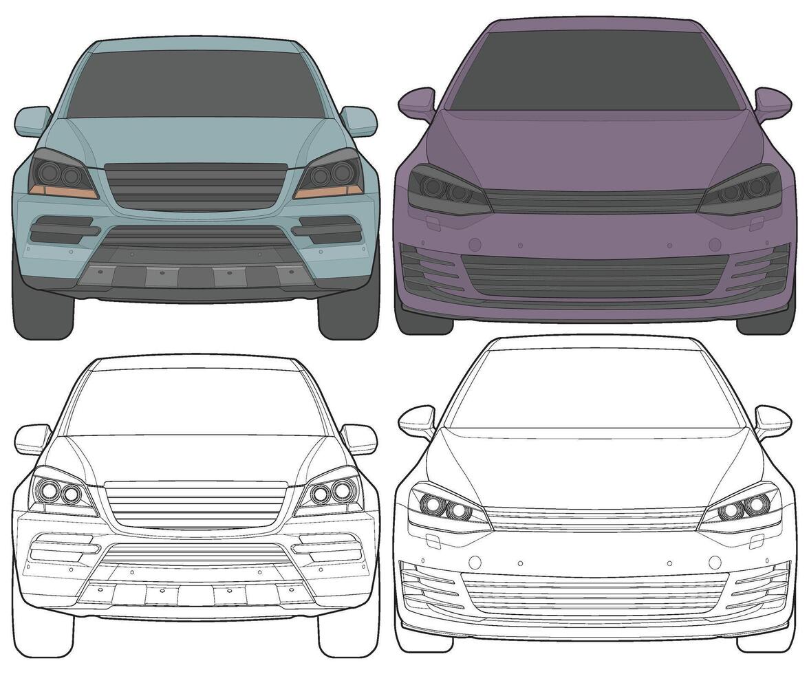 Set of front view Vector Illustration of Isolated highlight  color car on white background, Vehicle in a Flat Cartoon Style.