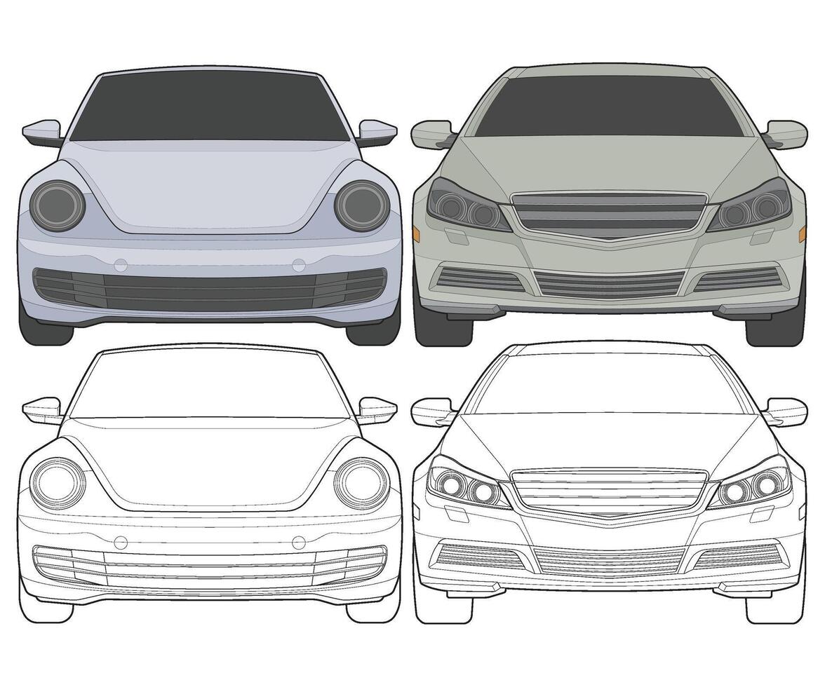 conjunto de frente ver vector ilustración de aislado realce color coche en blanco fondo, vehículo en un plano dibujos animados estilo.