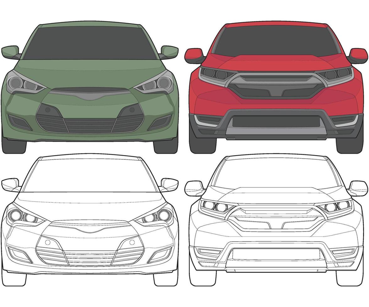 Set of front view Vector Illustration of Isolated highlight  color car on white background, Vehicle in a Flat Cartoon Style.