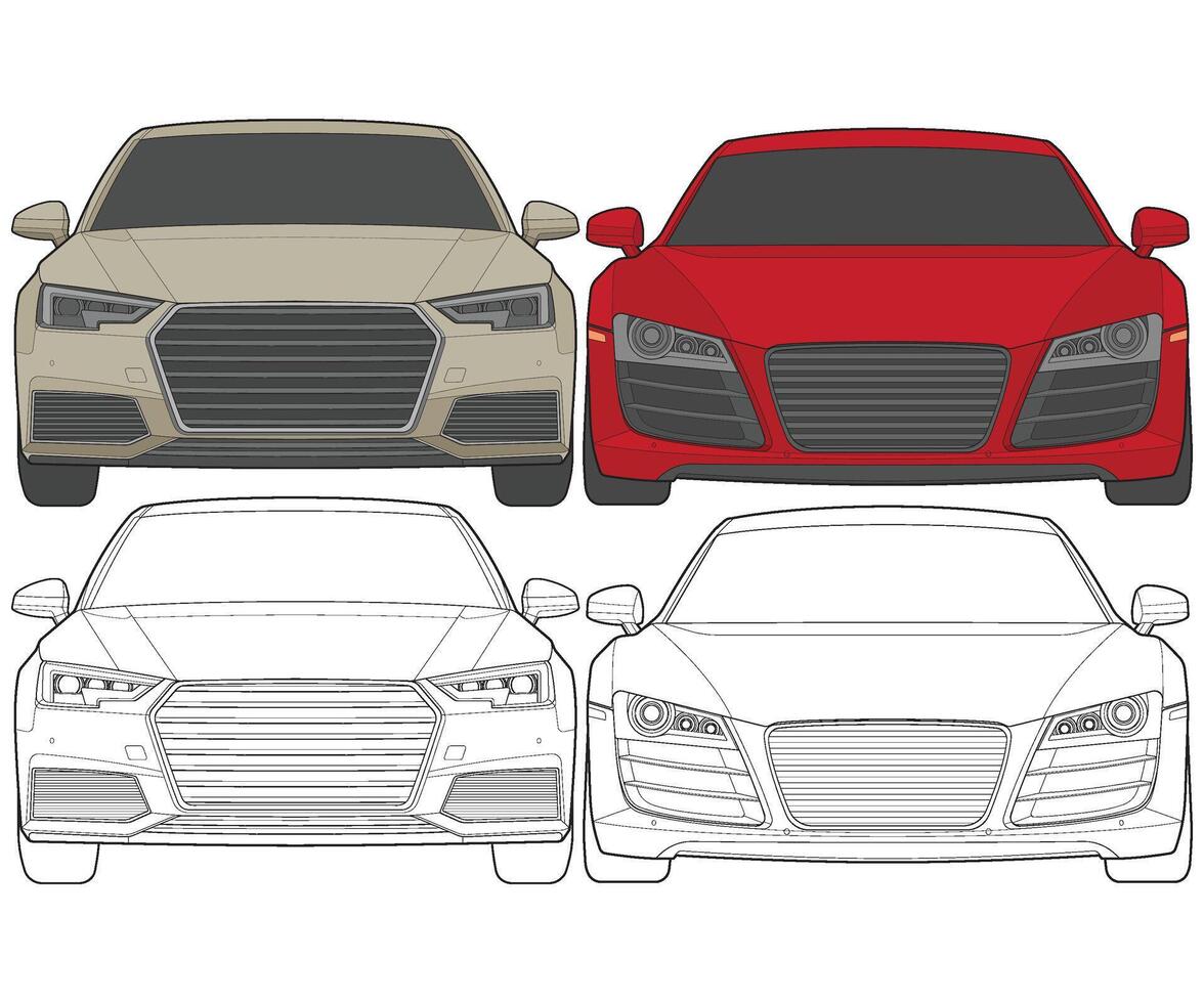 Set of front view Vector Illustration of Isolated highlight  color car on white background, Vehicle in a Flat Cartoon Style.