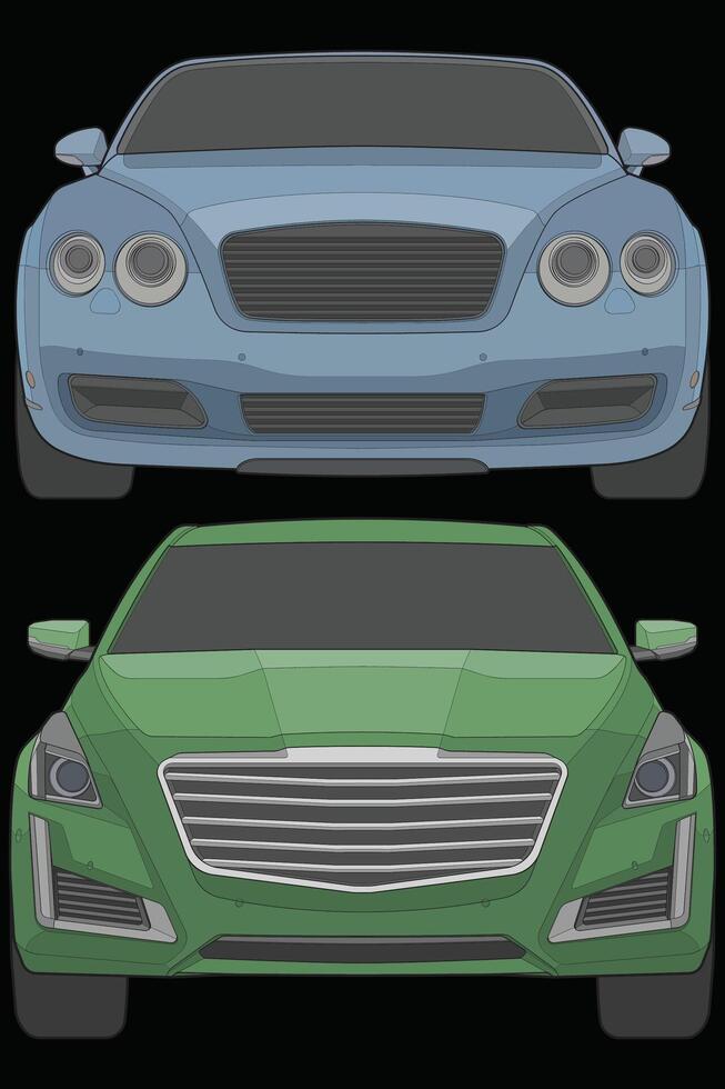 Set of front view Vector Illustration of Isolated highlight  color car on black background, Vehicle in a Flat Cartoon Style.