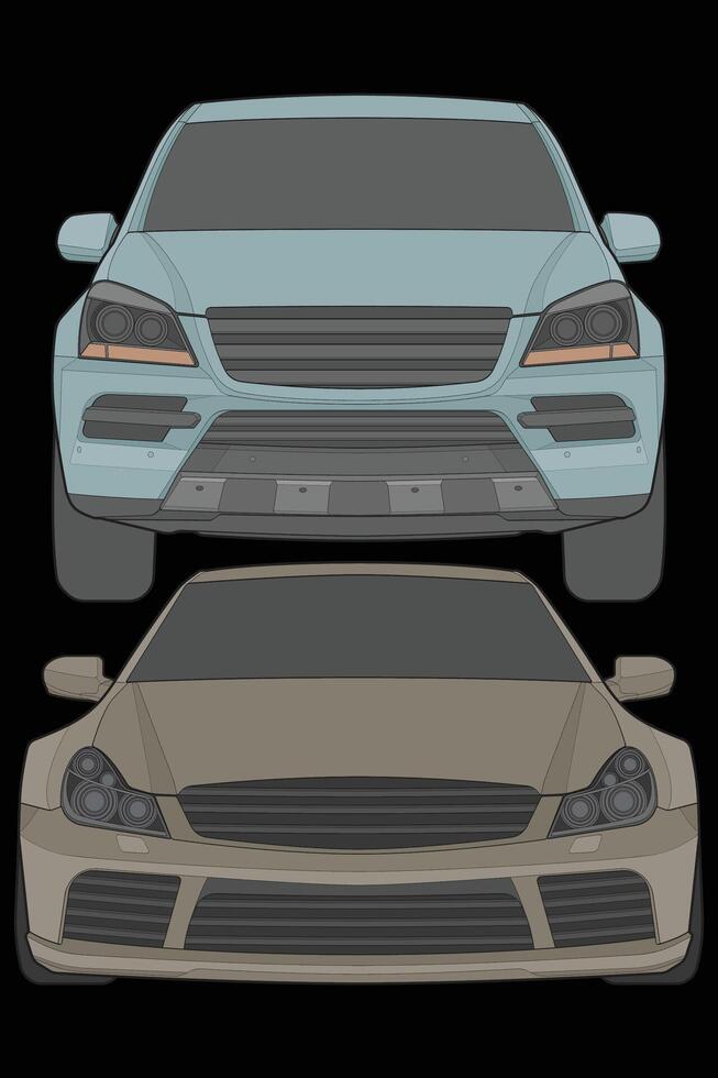 Set of front view Vector Illustration of Isolated highlight  color car on black background, Vehicle in a Flat Cartoon Style.