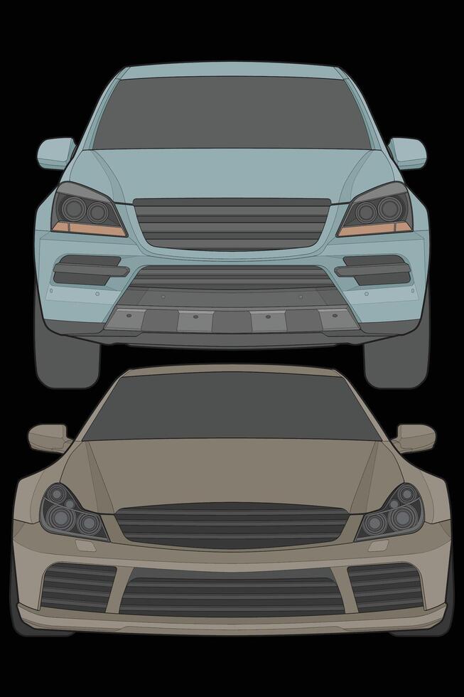 conjunto de frente ver vector ilustración de aislado realce color coche en negro fondo, vehículo en un plano dibujos animados estilo.