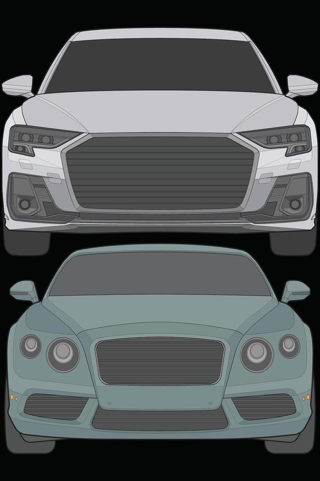 Set of front view Vector Illustration of Isolated highlight  color car on black background, Vehicle in a Flat Cartoon Style.
