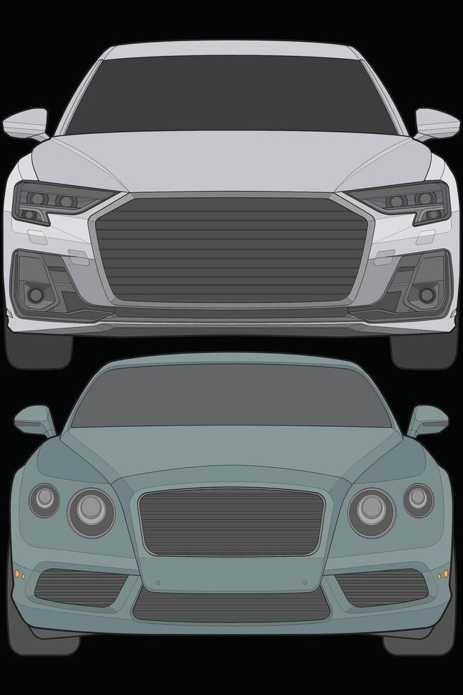 Set of front view Vector Illustration of Isolated highlight  color car on black background, Vehicle in a Flat Cartoon Style.