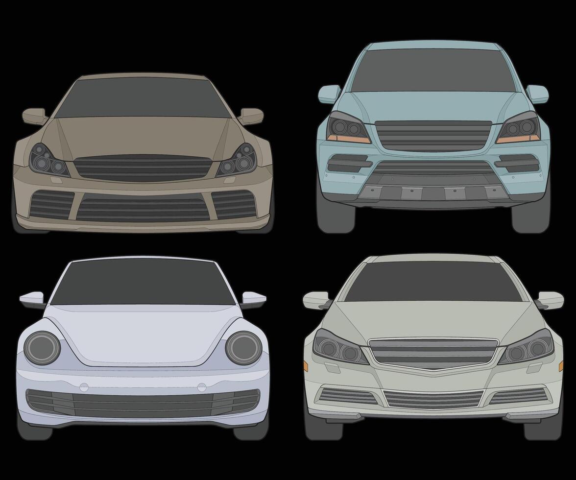 Set of front view Vector Illustration of Isolated highlight  color car on black background, Vehicle in a Flat Cartoon Style.