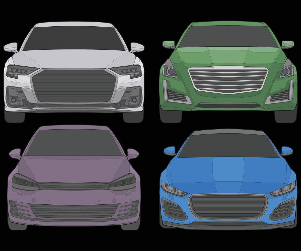 Set of front view Vector Illustration of Isolated highlight  color car on black background, Vehicle in a Flat Cartoon Style.