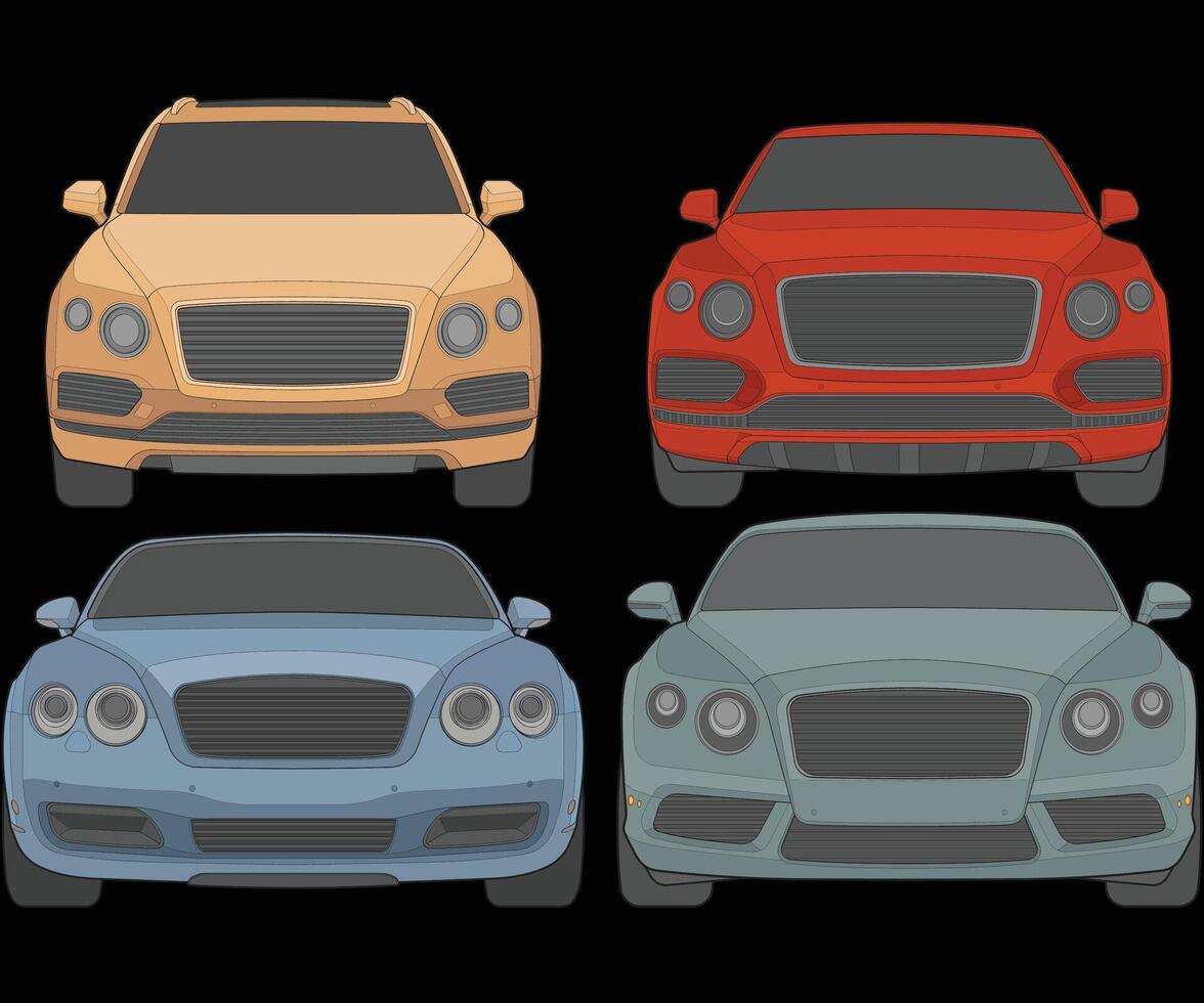 Set of front view Vector Illustration of Isolated highlight  color car on black background, Vehicle in a Flat Cartoon Style.