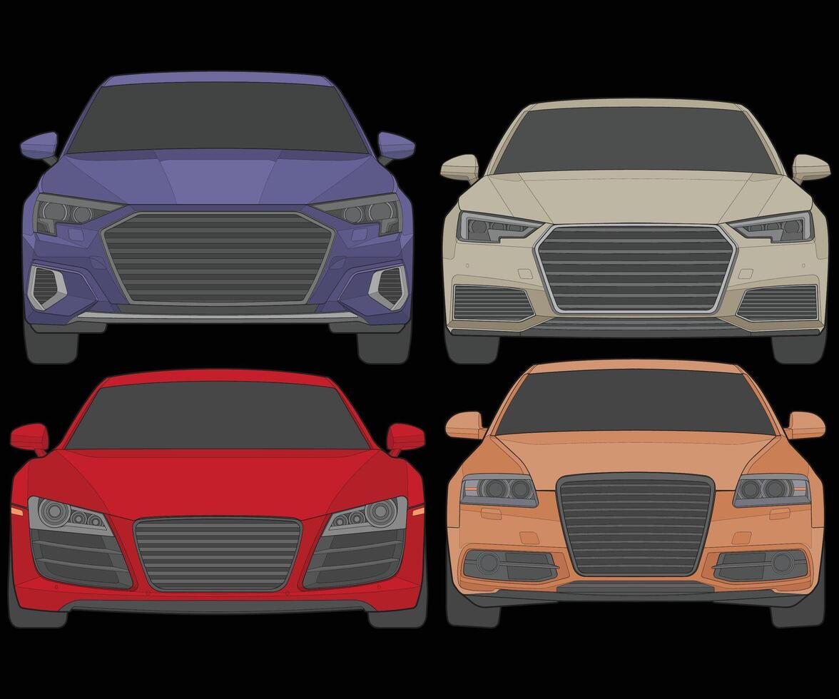 conjunto de frente ver vector ilustración de aislado realce color coche en negro fondo, vehículo en un plano dibujos animados estilo.