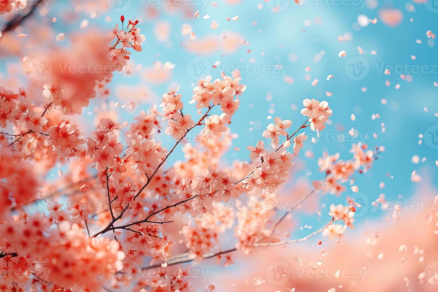 AI generated petal flowers confetti falling from a bright blue sky on an autumn or spring professional photography photo