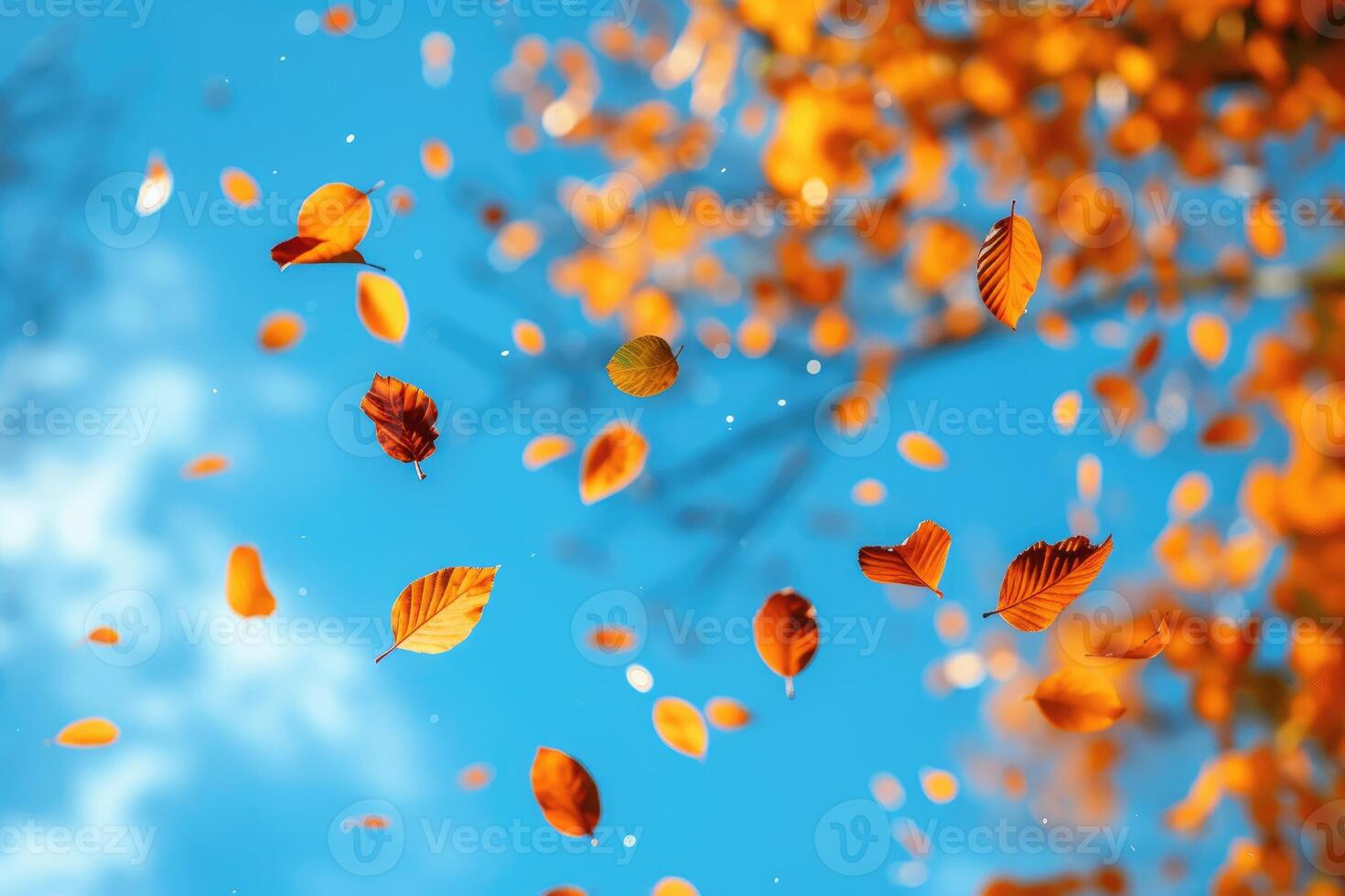 AI generated petal flowers confetti falling from a bright blue sky on an autumn or spring professional photography photo