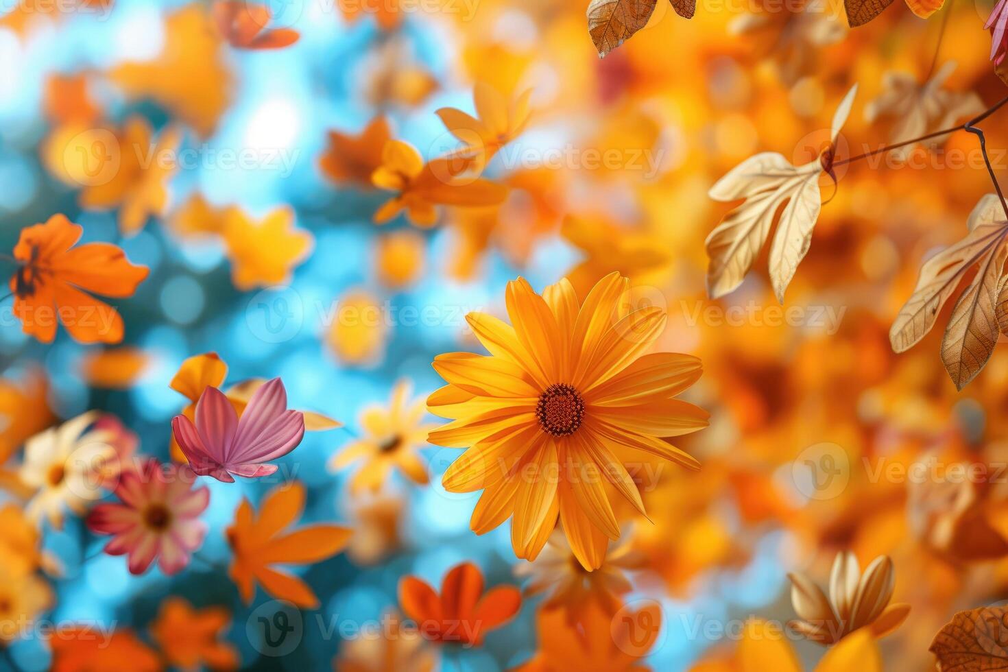 AI generated petal flowers confetti falling from a bright blue sky on an autumn or spring professional photography photo