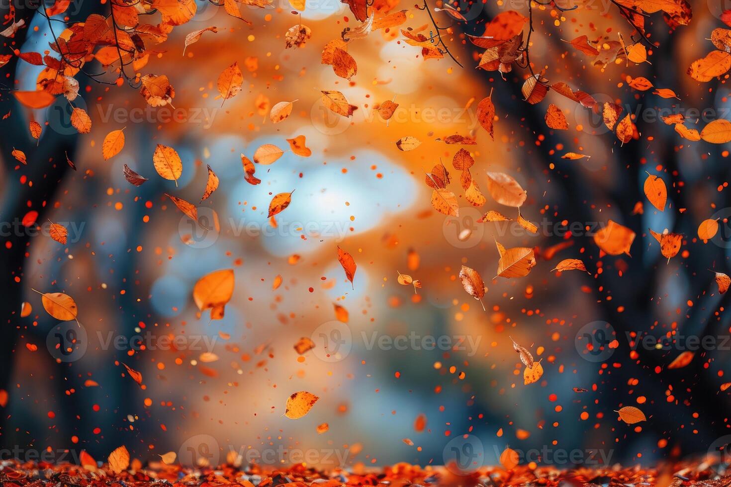 AI generated petal flowers confetti falling from a bright blue sky on an autumn or spring professional photography photo