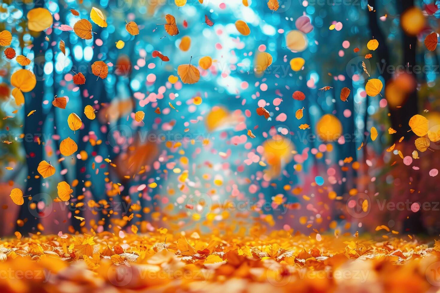 AI generated petal flowers confetti falling from a bright blue sky on an autumn or spring professional photography photo