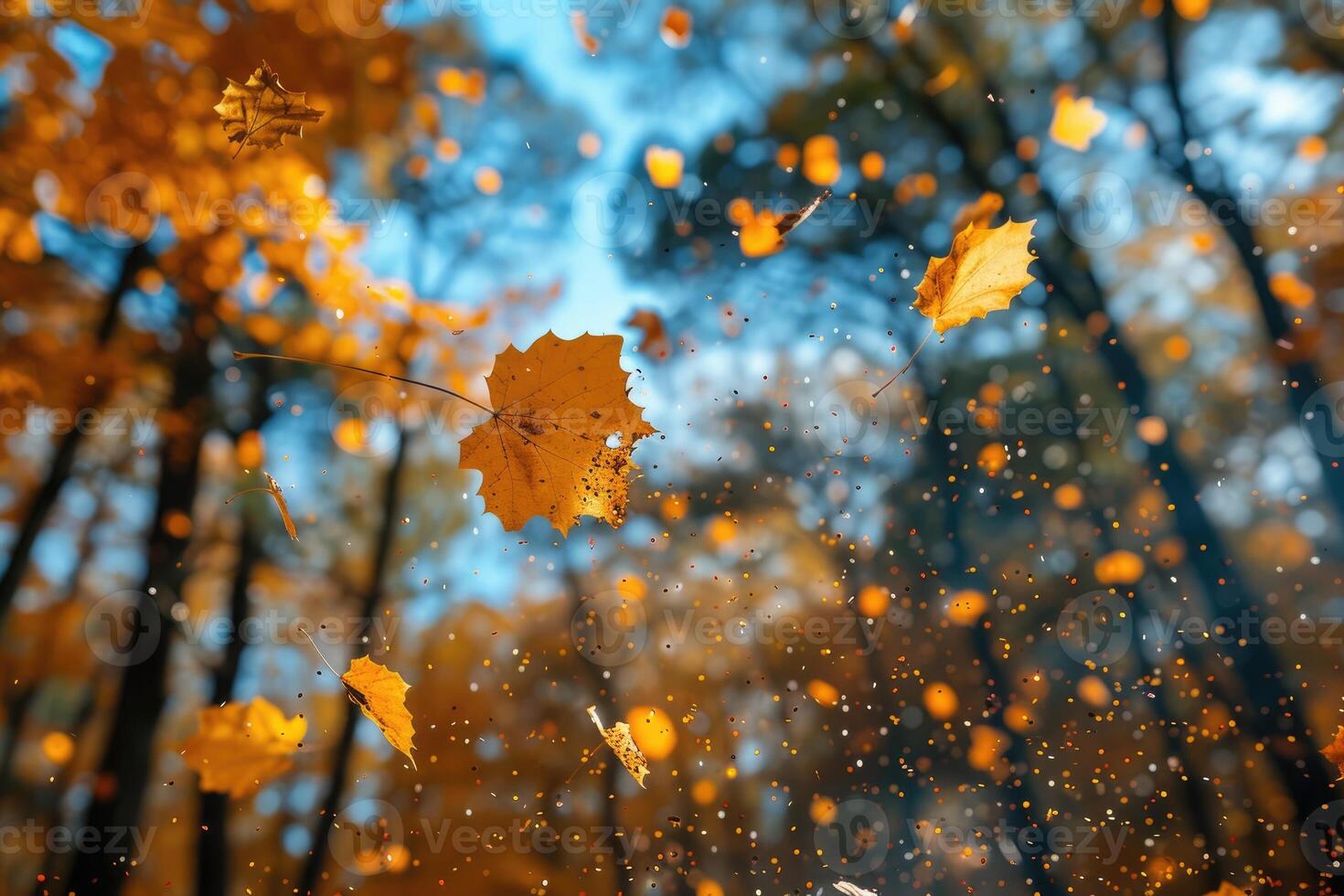 AI generated petal flowers confetti falling from a bright blue sky on an autumn or spring professional photography photo