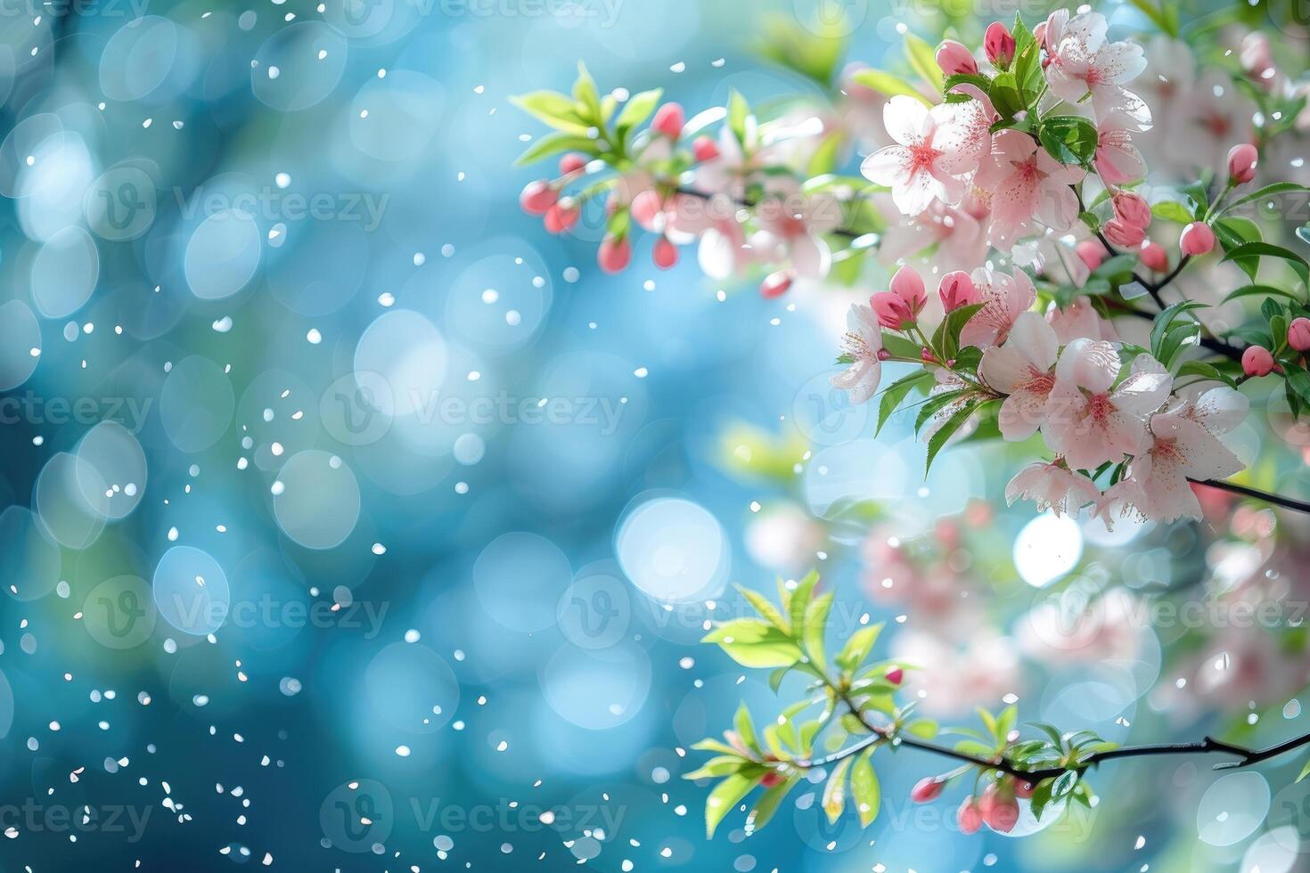 AI generated petal flowers confetti falling from a bright blue sky on an autumn or spring professional photography photo