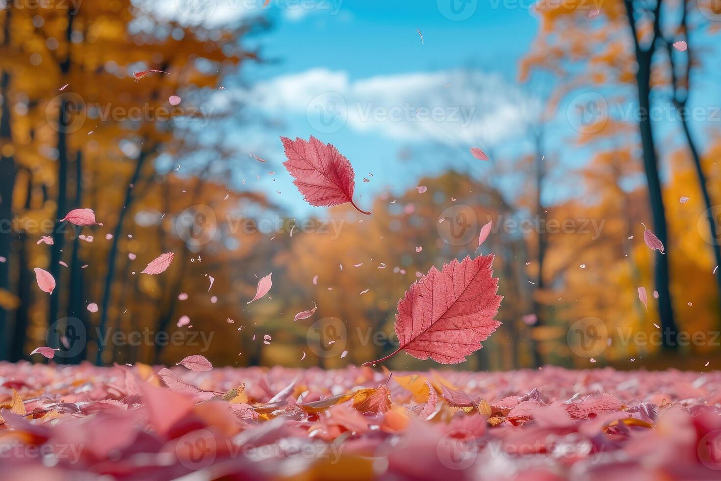 AI generated petal flowers confetti falling from a bright blue sky on an autumn or spring professional photography photo