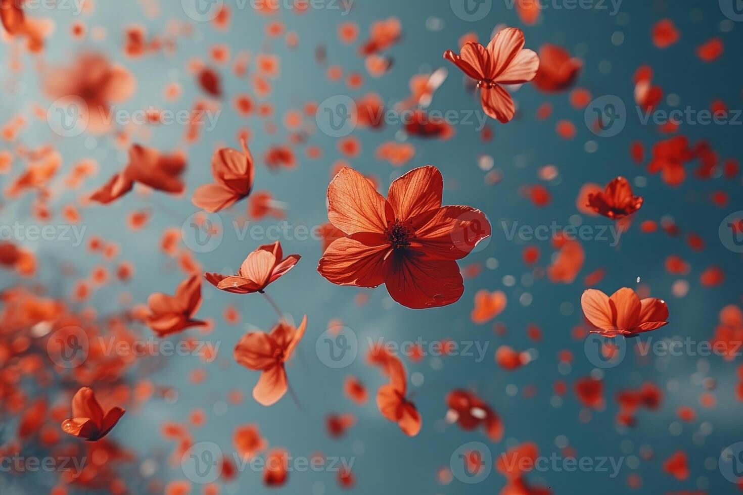 AI generated petal flowers confetti falling from a bright blue sky on an autumn or spring professional photography photo