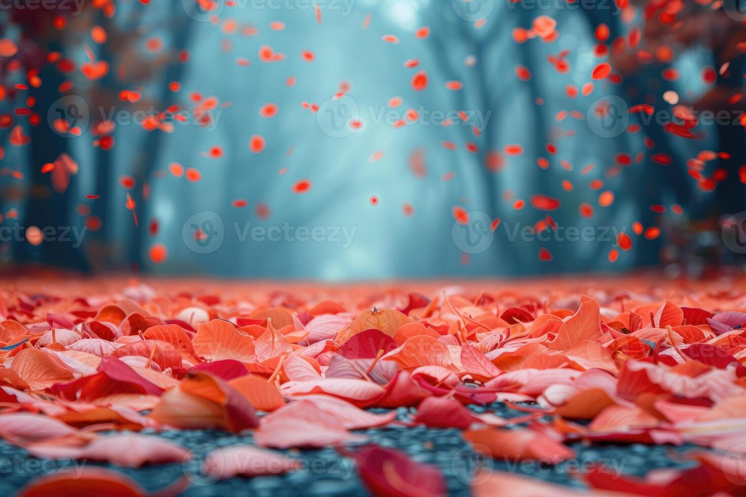 AI generated petal flowers confetti falling from a bright blue sky on an autumn or spring professional photography photo